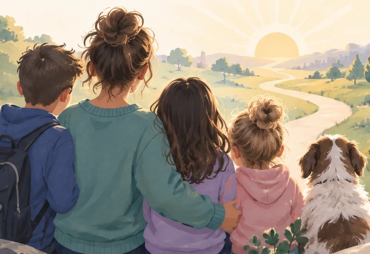 A family and their dog looking out toward a sunrise over a winding path